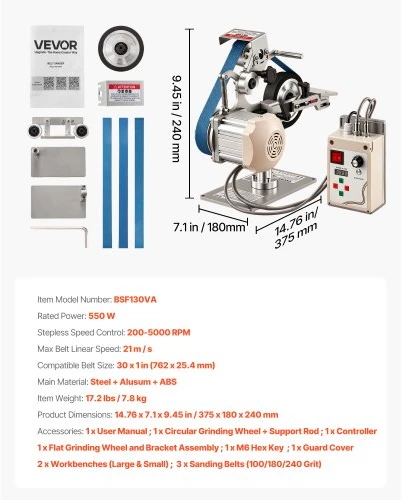 VEVOR Juostinis šlifuoklis BSF130VA su VFD, 550 W, 762 x 25,4 mm