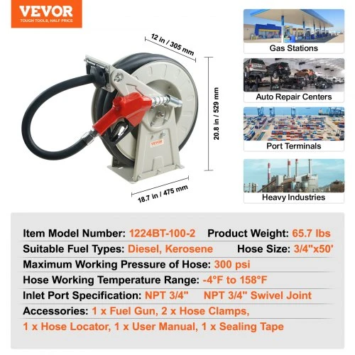 VEVOR Kuro žarnos ritė, 19,05 mm x 15,24 m, automatinė dyzelino žarna, 20,68 bar
