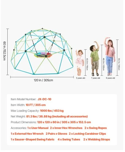 VEVOR 10 pėdų geometrinė laipiojimo kupolas su sūpynėmis
