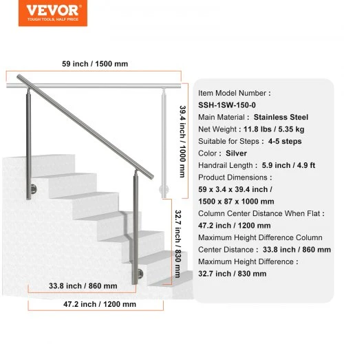 VEVOR 60 cm turėklai lauko laiptams