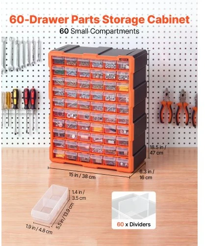 VEVOR Mažų detalių organizatorius MJ10505, 60 stalčių, PP plastikas, juoda / oranžinė, 39 x 16 x 50 cm