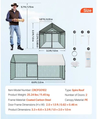 VEVOR Metalinis vištų aptvaras 4–6 vištoms, 1 x 2 x 1 m