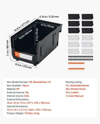 VEVOR Plastikinės sandėliavimo dėžutės 37.7 x 21.5 x 18 cm