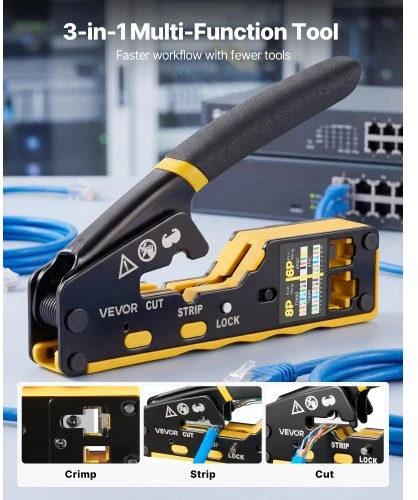 VEVOR RJ45/RJ11/RJ12 užspaudimo įrankis, rinkinys 4/6/8 kontaktų modulinėms jungtims, HT-6088
