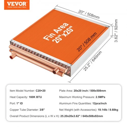 VEVOR 20x20 šilumokaitis su vandeniu ir oru