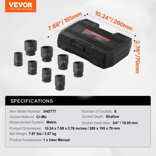 VEVOR 3/4 colio smūginis veržlių galvučių komplektas