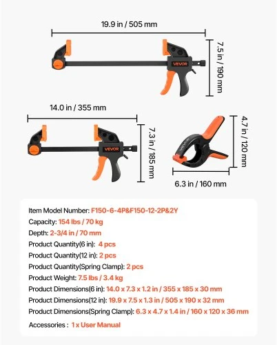 VEVOR Spaustuvų rinkinys medienai, 8 vnt., 15 cm ir 30 cm, iki 70 kg