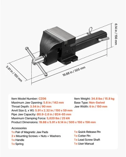 VEVOR Sunkvežimio prikabinamas spaustuvas CZ06, žiočių plotis 150 mm, iš kaliojo ketaus, žiočių atsidarymas iki 142 mm