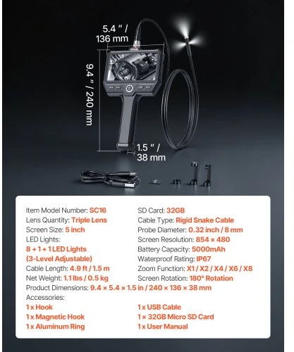 VEVOR Trigubo objektyvo endoskopas su šviesa, 5" HD IPS ekranas, 8+2 LED, 8X priartinimas, 5000 mAh, IP67, 1,5 m