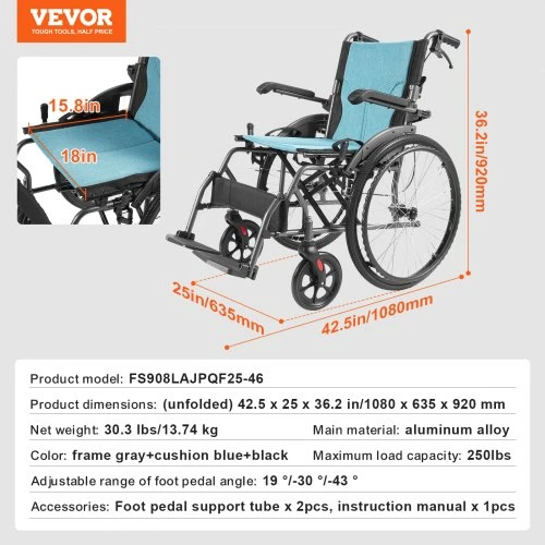 VEVOR Lengvas aliuminis neįgaliojo vežimėlis