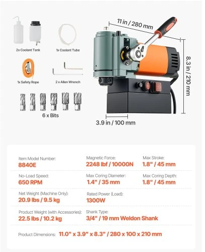 VEVOR Žemo profilio magnetinė gręžimo mašina, 1300 W, 35 mm