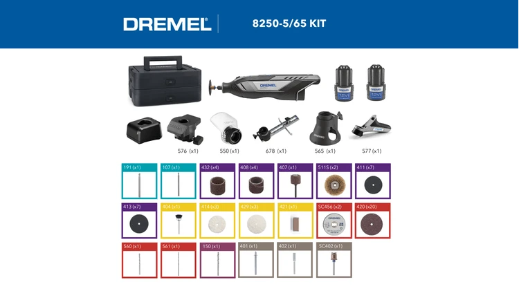 Daugiafunkcis įrankis Dremel 8250-5/65 Platinum, su 5 antgaliais ir 65 priedais