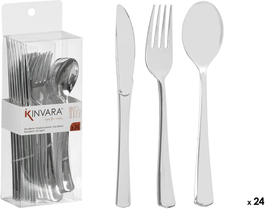 24 sidabrinių plastikinių stalo įrankių rinkinys, 24×8.2×5 cm, 10683, Kinvara