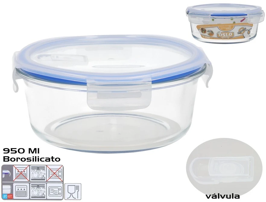 Borosilikatinė pietų dėžutė su vožtuvu 1300 ml, apvali, 8,5 x 20,5 x 20,5 cm, KITCHEN&GO