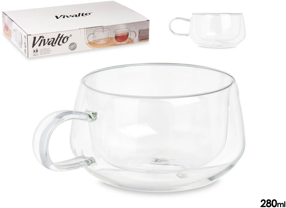 Puodeliai stikliniai 6 vnt su dvigubomis sienelėmis 280 ml Vivalto 85368