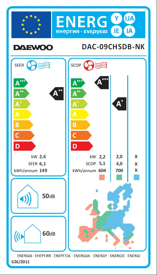 Daewoo“ oro kondicionierius DAC 09CHSDB NK, 9000 Btu, inverteris, „Wi-Fi“ funkcija, energijos klasė