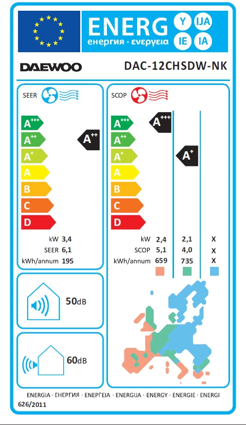 Daewoo“ oro kondicionierius DAC 12CHSDW NK, 12000 Btu, inverteris, „Wi-Fi“ funkcija