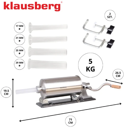 Nadziewarka Dešrų kimštuvas, 5kg talpos, horizontalus, nerūdijančio plieno, Klausberg, kb-7929