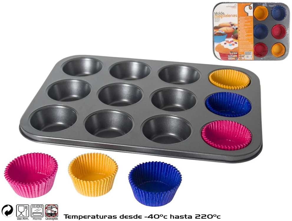 Kitchengo Nelipni plieninė keksiukų kepimo forma 12 keksiukų, Ø6 cm, su 60 popierinių formelių, 3 × 26 × 35 cm