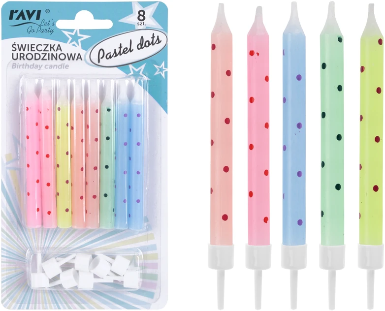 Pastel dots gimtadienio žvakutės, 8 vnt., 9 x 17 x 1, 62075, RAVI Decor