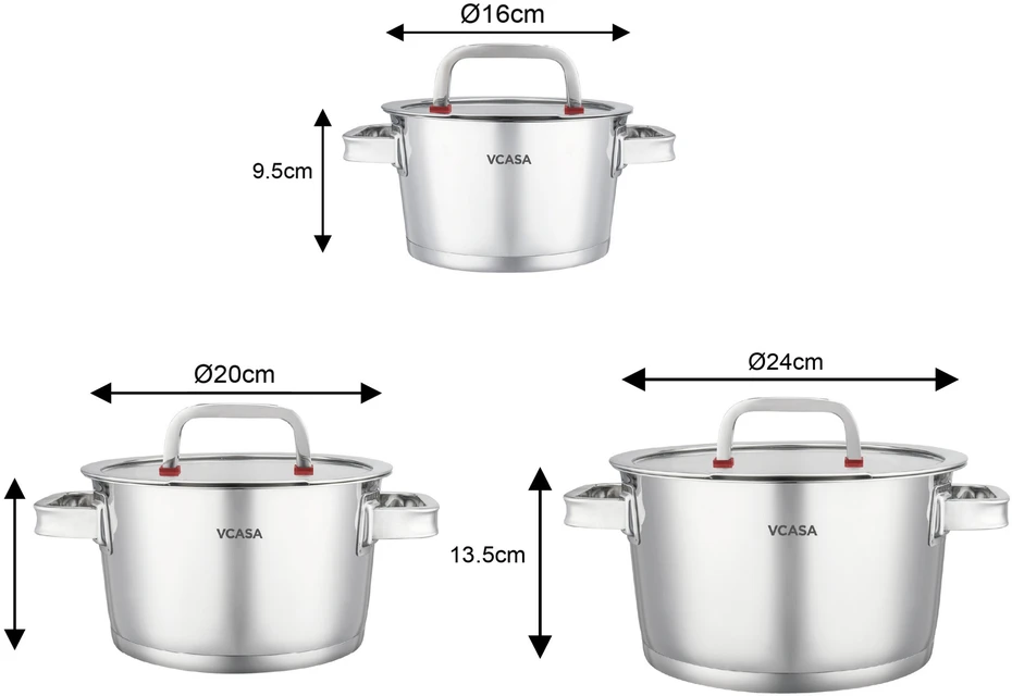 Puodų rinkinys 6 dalys, stal, śr.16,20,24cm VCASA