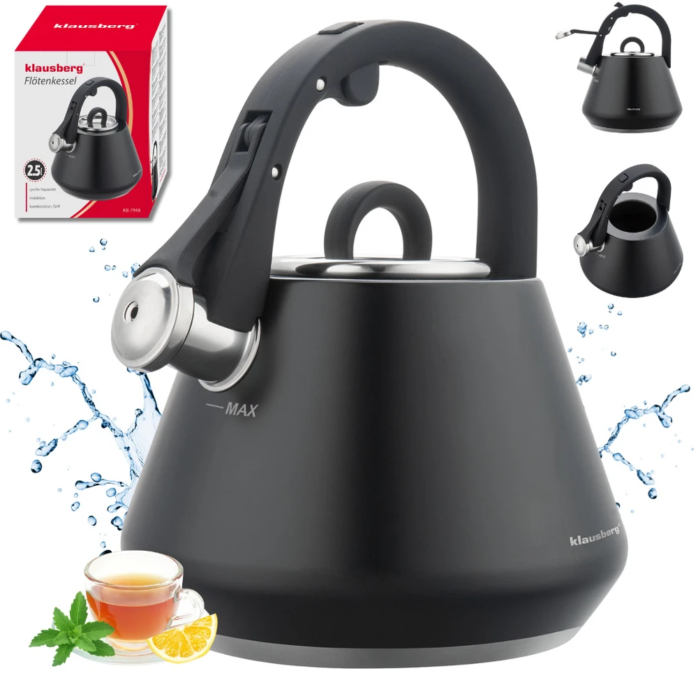 Virdulys, Plieninis virdulys su švilpuku, 2,5 l, matinės juodos spalvos, Klausberg kb-7948