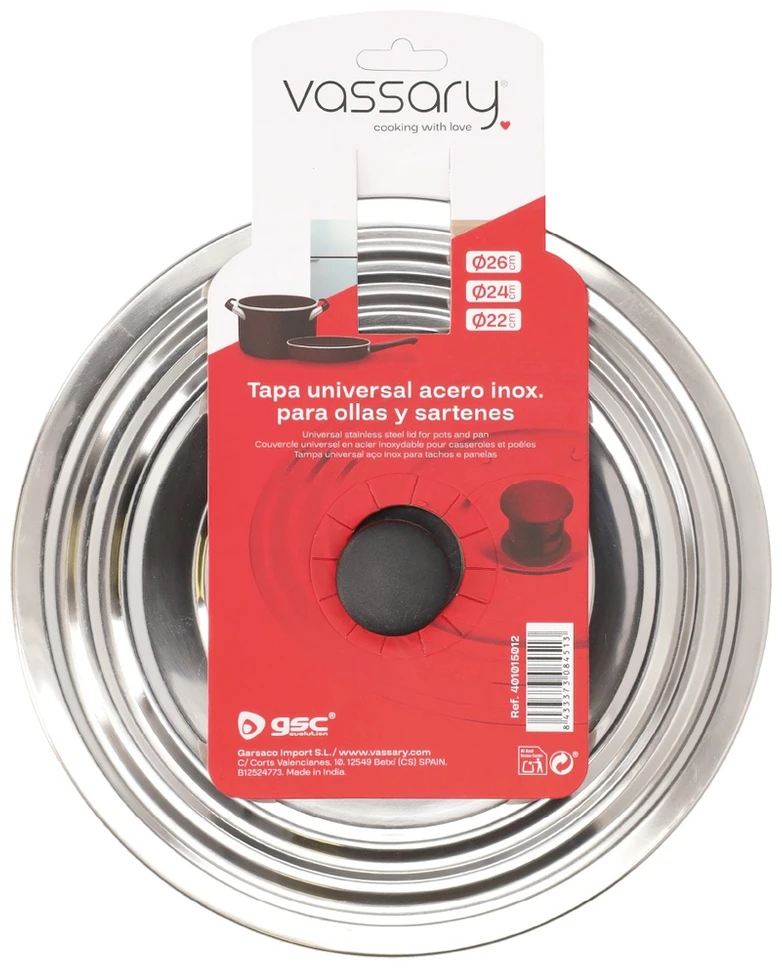 Universalus nerūdijančiojo plieno dangtis puodams ir keptuvėms Ø22–24–26 cm, 401015012, Vassary