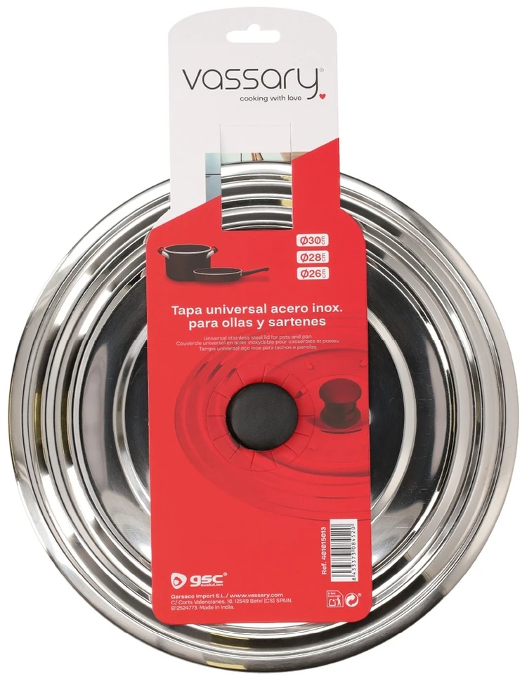 Universalus nerūdijančiojo plieno dangtis puodams ir keptuvėms Ø26–28–30 cm, 401015013, Vassary