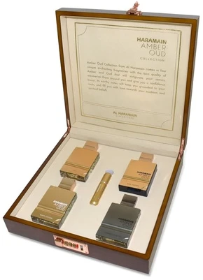 „Al Haramain Amber Oud Collection“ rinkinys 4 x 60 ml – „Amber Oud Gold“ leidimas + „Amber Oud Bleu“ leidimas + „Amber Oud Baltas“ leidimas + „Amber Oud Carbon“ leidimas