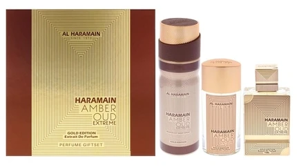 Al Haramain „Amber Oud Gold Edition Extreme“ rinkinys su kvepalų ekstraktu (75 ml) + kvepalų ekstraktu (30 ml) + dezodorantu (200 ml)