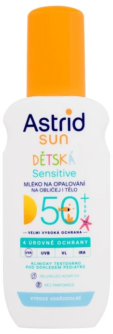Astrid vaikų purškiamas losjonas įdegiui Sensitive SPF 50+ Sun 150 ml