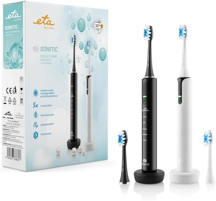 ETA Set of Electric Toothbrushes | ETA270990000 Sonetic | Įkraunamas | Suaugusiems | Šepetėlių skaičius galvutės įeina 4 | Number of teeth brushing modes 5 | Juodas/Baltas