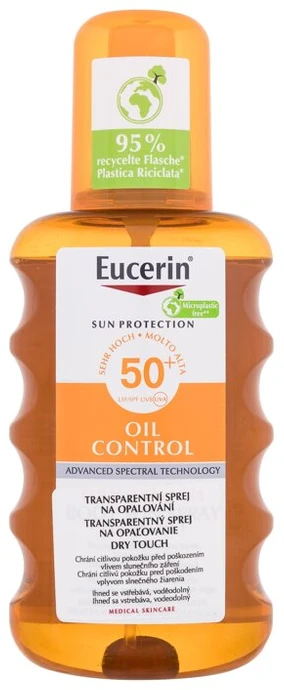 Eucerin Sun Oil Control Dry Touch Transparent Purškiklis SPF 50+ purškiamas apsauginis losjonas nuo saulės, 200 ml