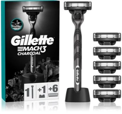 Barzdaskutė Gillette Mach3 Charcoal Skustuvas Vyrams, 1 Gillette Skustuvas + 6 Keičiamos Galvutės
