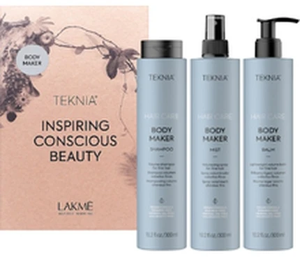 „Lakme Tkn“ kūno priežiūros priemonė mažmeninei pakuotei: šampūnas, 300 ml + balzamas, 300 ml + purškiklis, 300 ml