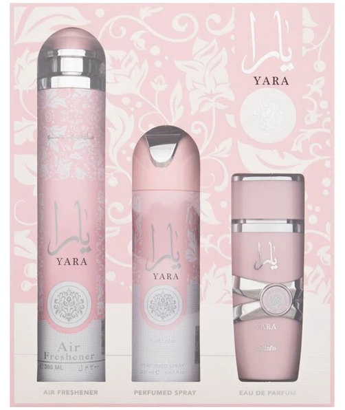 Lattafa Yara EDP rinkinys moterims (EDP 100 ml + Dezodorantas 200 ml + Air Freshener 300 ml)