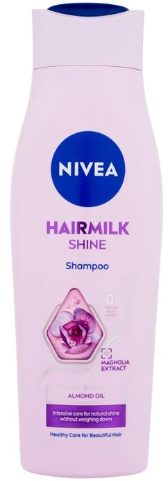 „Nivea“ maitinamasis šampūnas su pienu ir šilko baltymais pavargusiems, negyviems plaukams. „Hairmilk Shine“ (Care Šampūnas).