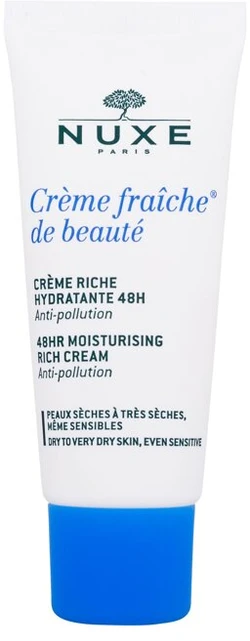 NUXE 48 val. drėkinantis tirštos konsistencijos kremas sausai ir labai sausai odai „Crème Fraîche® de Beauté 48H Moisturizing rich cream for dry skin“, 30 ml