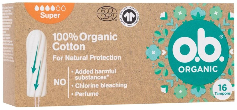 O.B.Organic Tampony Super - 100% medvilnė, 1 vnt., 16 vnt.