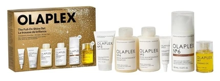 „Olaplex“ rinkinys, suteikiantis plaukams žvilgesio: Nr. 6 „Bond Smoother“ plaukų formavimo kreminis, 100 ml + Nr. 3 „Hair Perfector“ plaukų kreminis atgaivinimui, 30 ml + Nr. 4 „Bond Maintenance“ plaukų šampūnas atkuriamasis ir stiprinamasis, 30 ml + Nr. 0,5 galvos odos ilgaamžiškumo priemonė.