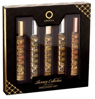 „Orientica Luxury Collection Discovery Set“ EDP rinkinys moterims (EDP Amber Rouge 10 ml + EDP Oud Saffron 10 ml + EDP Velvet Gold 10 ml + EDP Royal Bleu 10 ml + EDP Royal Amber 10 ml)