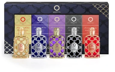 „Orientica Luxury Collection“ EDP rinkinys unisex (EDP „Royal Amber“ 7,5 ml + EDP „Royal Bleu“ 7,5 ml + EDP „Velvet Gold“ 7,5 ml + EDP „Oud Safron“ 7,5 ml + EDP „Amber Rouge“ 7,5 ml)