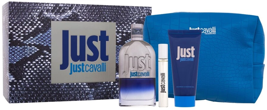 Roberto Cavalli Just Cavalli EDT rinkinys vyrams (EDT 90 ml + Dušo želė 100 ml + EDT 15 ml + Kosmetinis krepšelis)