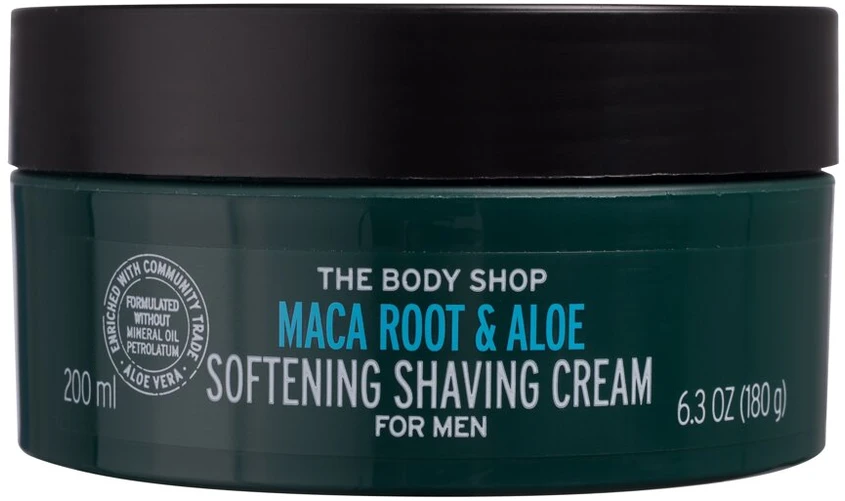 „The Body Shop“ minkštinamasis skutimosi kremas su maca šaknimis ir alaviju