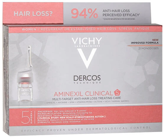 Vichy Dercos Aminexil Clinical 5, ampulės nuo plaukų slinkimo moterims, 21x6 ml