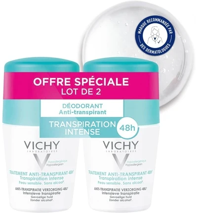 Vichy 48H Intensive Anti-Transpirant Dezodorantas Roll-on rutulinis antiperspirantas, 2 x 50 ml