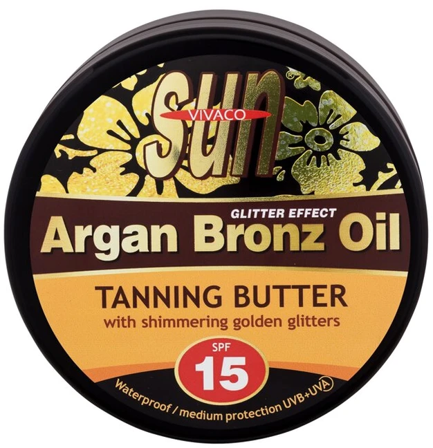Vivaco SUN Argan Bronz Oil įdegio sviestas su skaistinančiu auksiniu blizgučiu ir ekologišku argano aliejumi SPF 15 200 ml