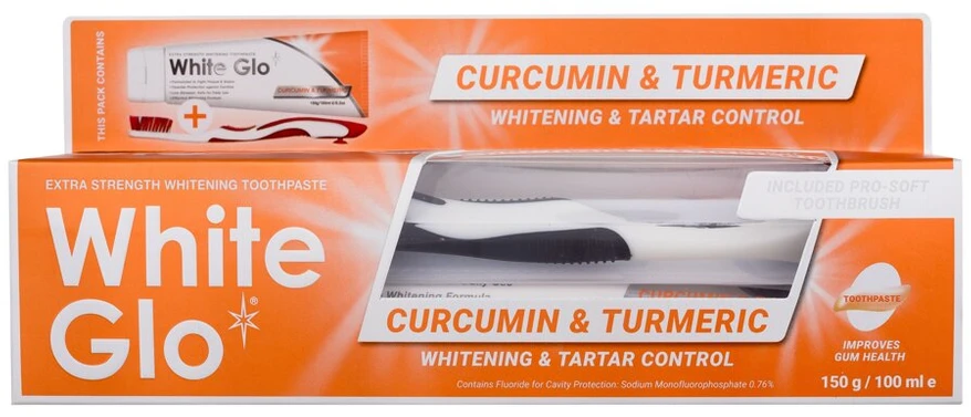 White Glo Baltas Glo Curcumin & Turmeric Dantų pasta balinanti dantų pasta su kurkuminu ir ciberžole 150g/100ml + dantų šepetėlis