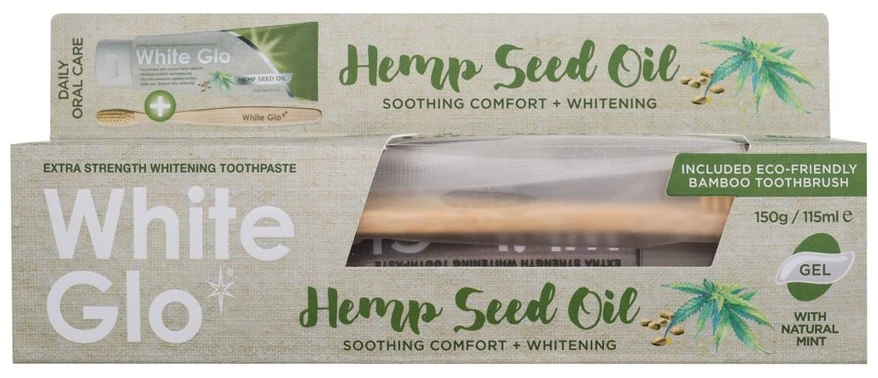 White Glo Baltas Glo Hemp Seed Oil Dantų balinanti dantų pasta su kanapių aliejumi 150g/115ml + bambuko dantų šepetėlis