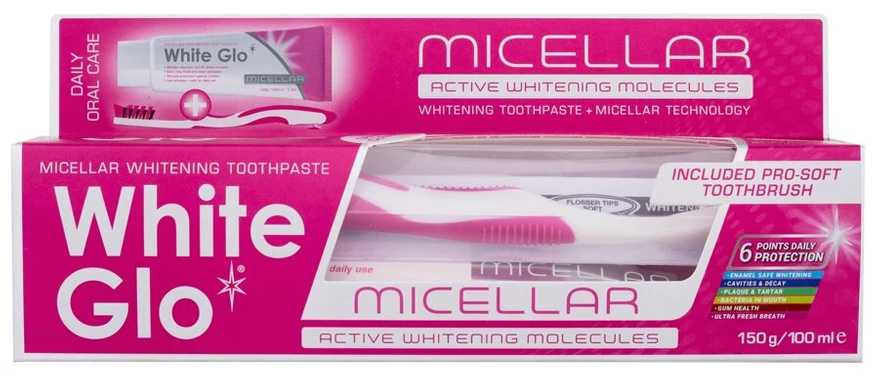 White Glo Baltas Glo Micellar micelarna pasta wybielająca do zębów 150g/100ml + szczoteczka